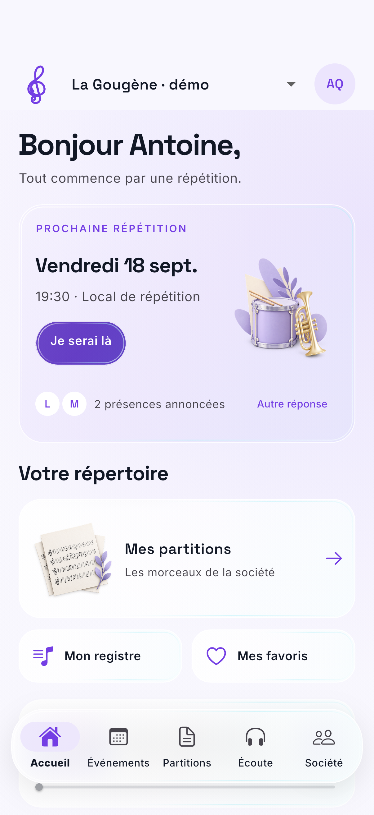 Accueil d’Ensemble : prochaine répétition, réponse de présence et accès aux partitions.